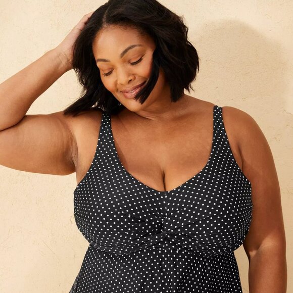NEW Women's Polka Dot Twist-Front Plunge Tankini Top Shade & Shore Black/White18 - Picture 2 of 7